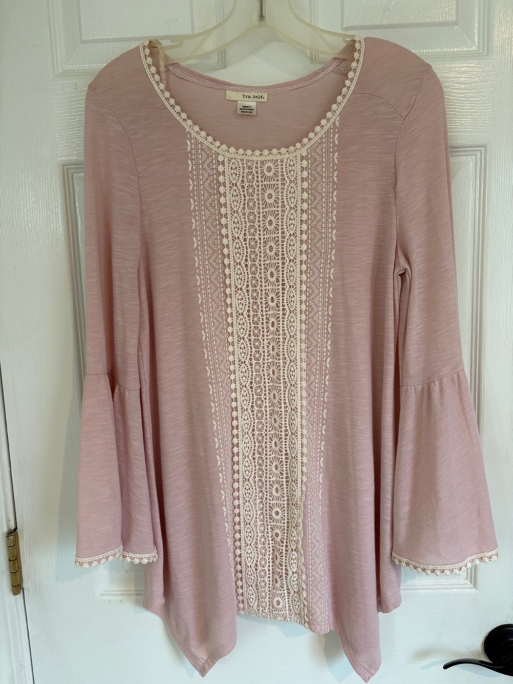 True Self Blush Crochet-Front Bell Sleeve Tunic